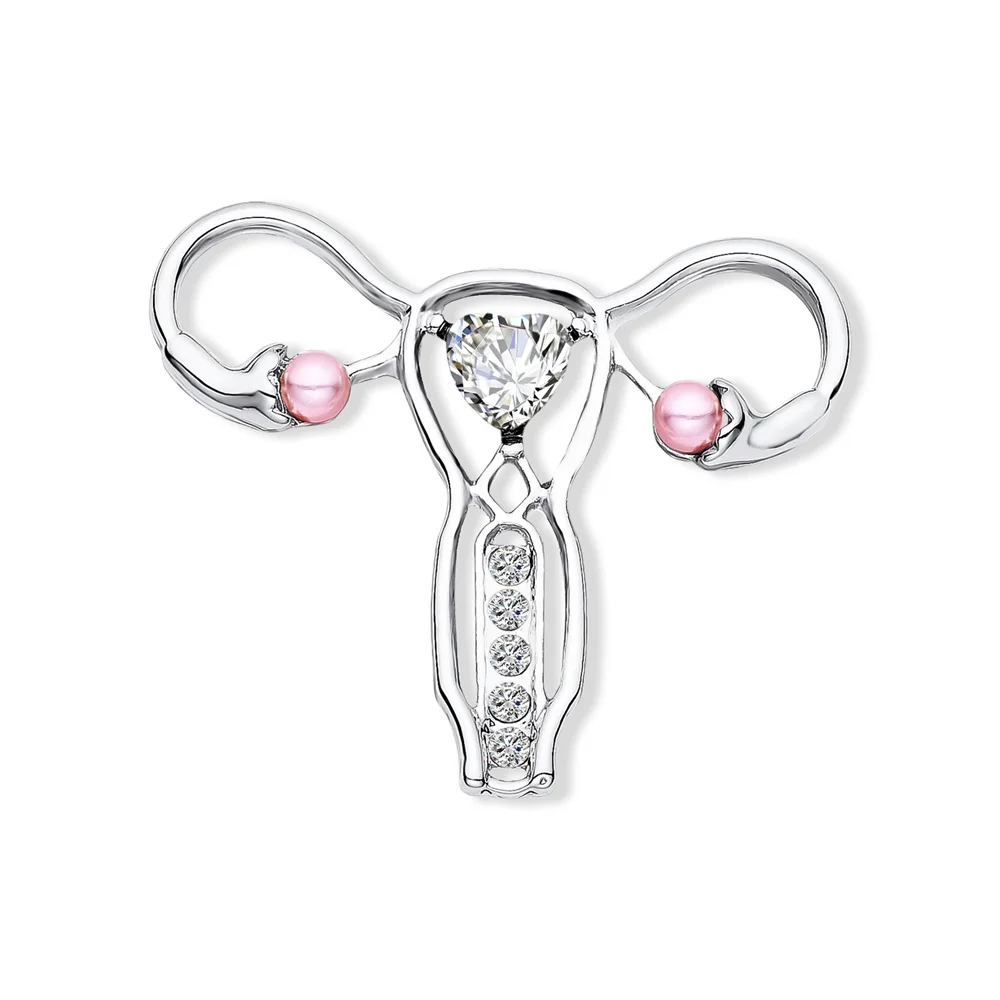 Harong Uterus Silver Plated Metal Pin Luxurious Inlay Crystal Pearl Medical Gynecological Lapel Brooch Doctor Nurse Jewelry