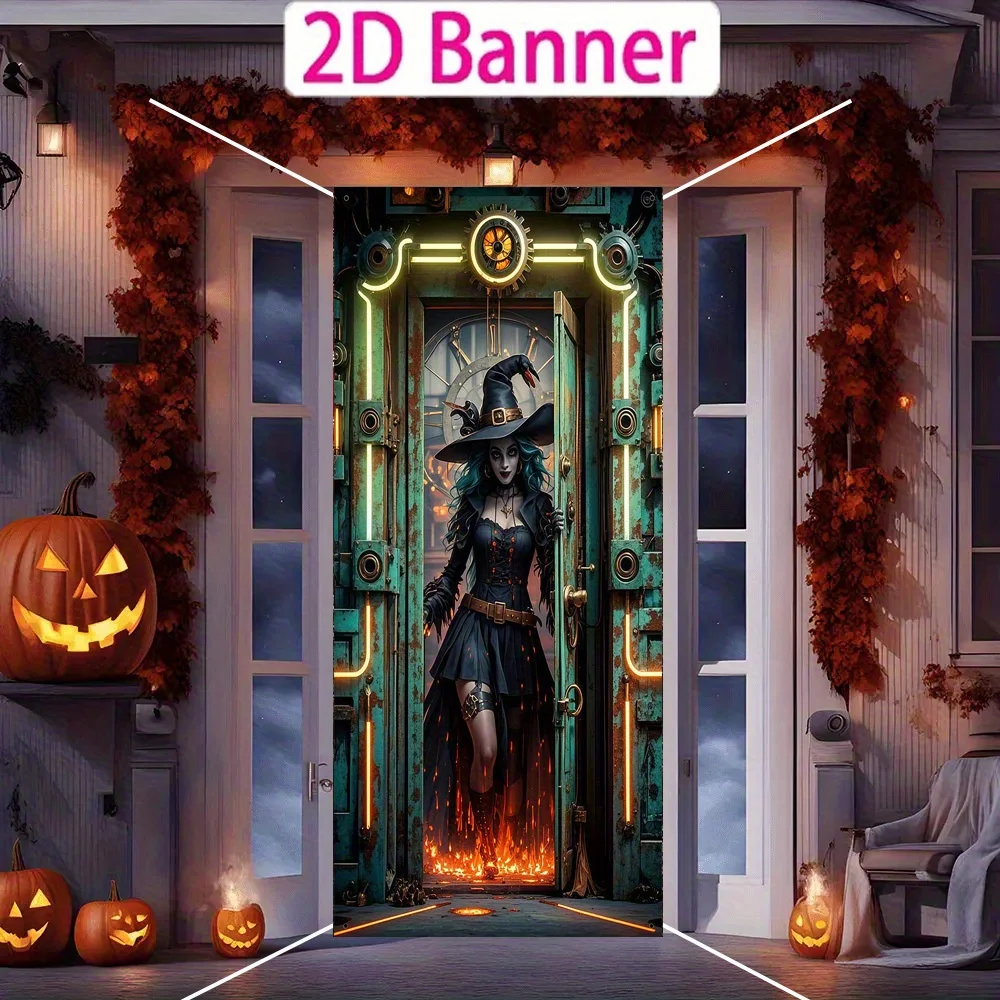 2D-Türbanner, 1-teilig, Halloween-Hexenparty-Banner – Polyestermaterial, seltsames mechanisches Design und Hexenkürbislaterne