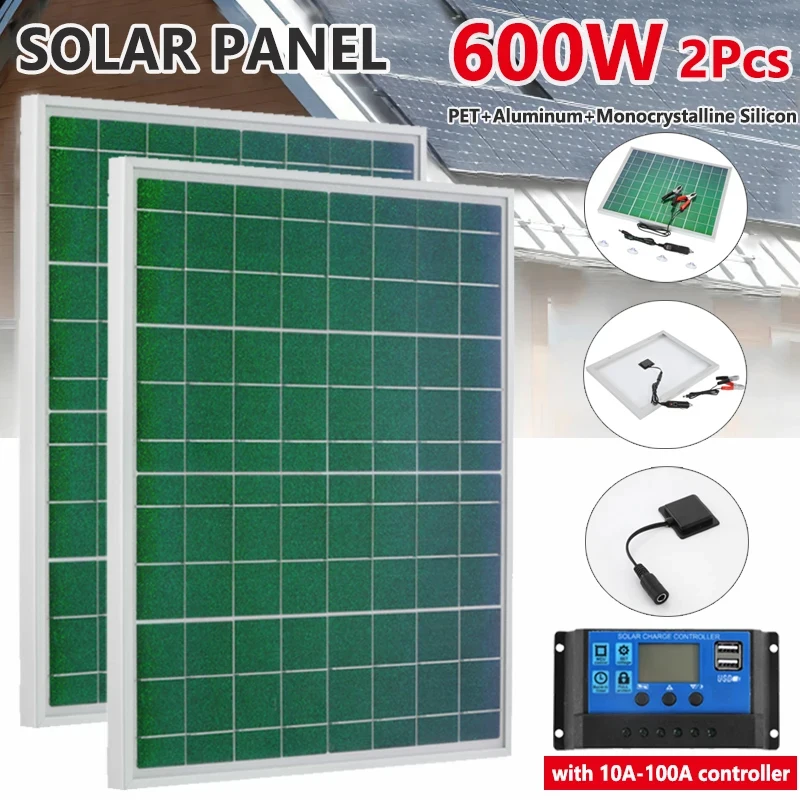 600W 300W Solar Panel Kit 18V Monocrystalline Silicon Power Portable Outdoor Rechargeable Solar Cell for Phone Camping Mobile RV