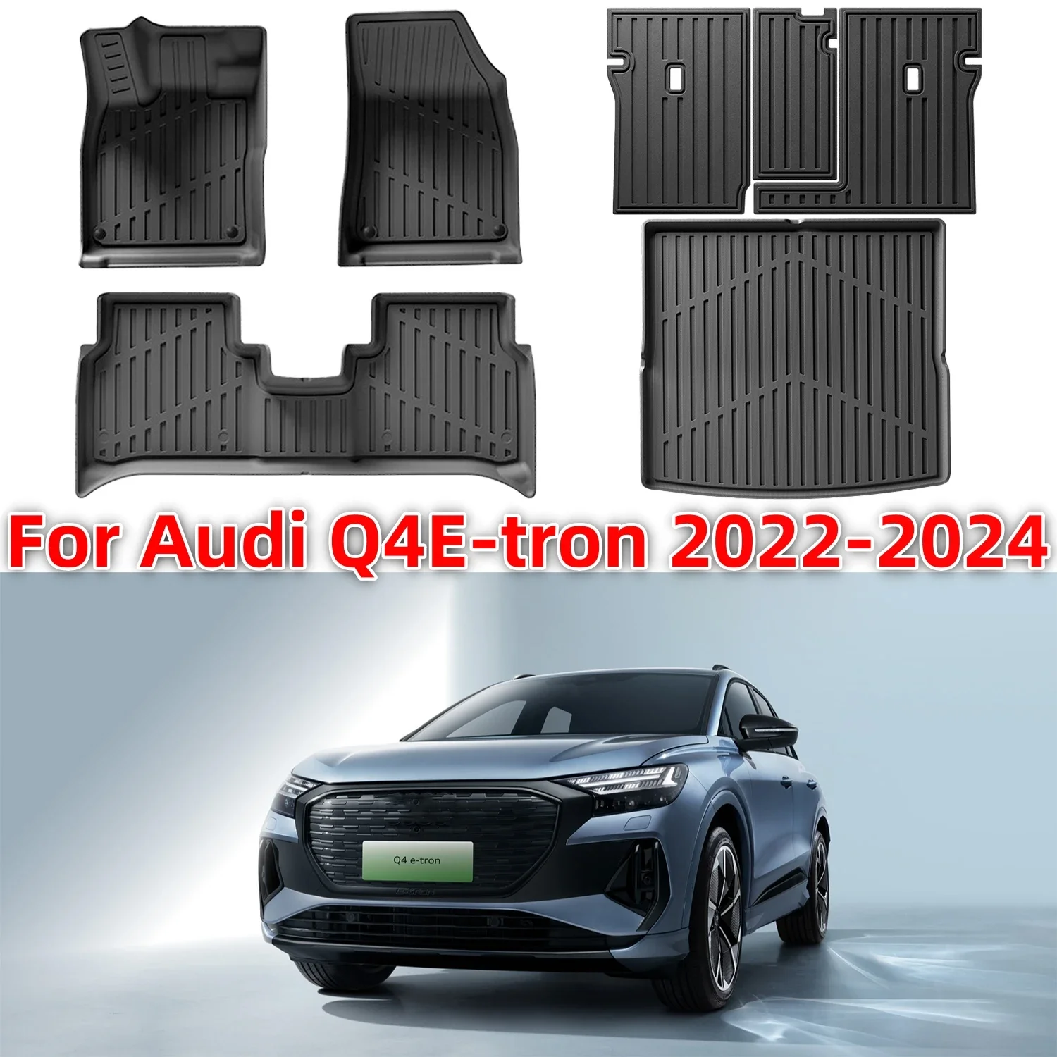 

For Audi Q4E-tron 2022-2024 TPE Floor Mats, All Weather Rear Trunk Mats Cargo liners and Backrest Mats Anti Dirty Pads