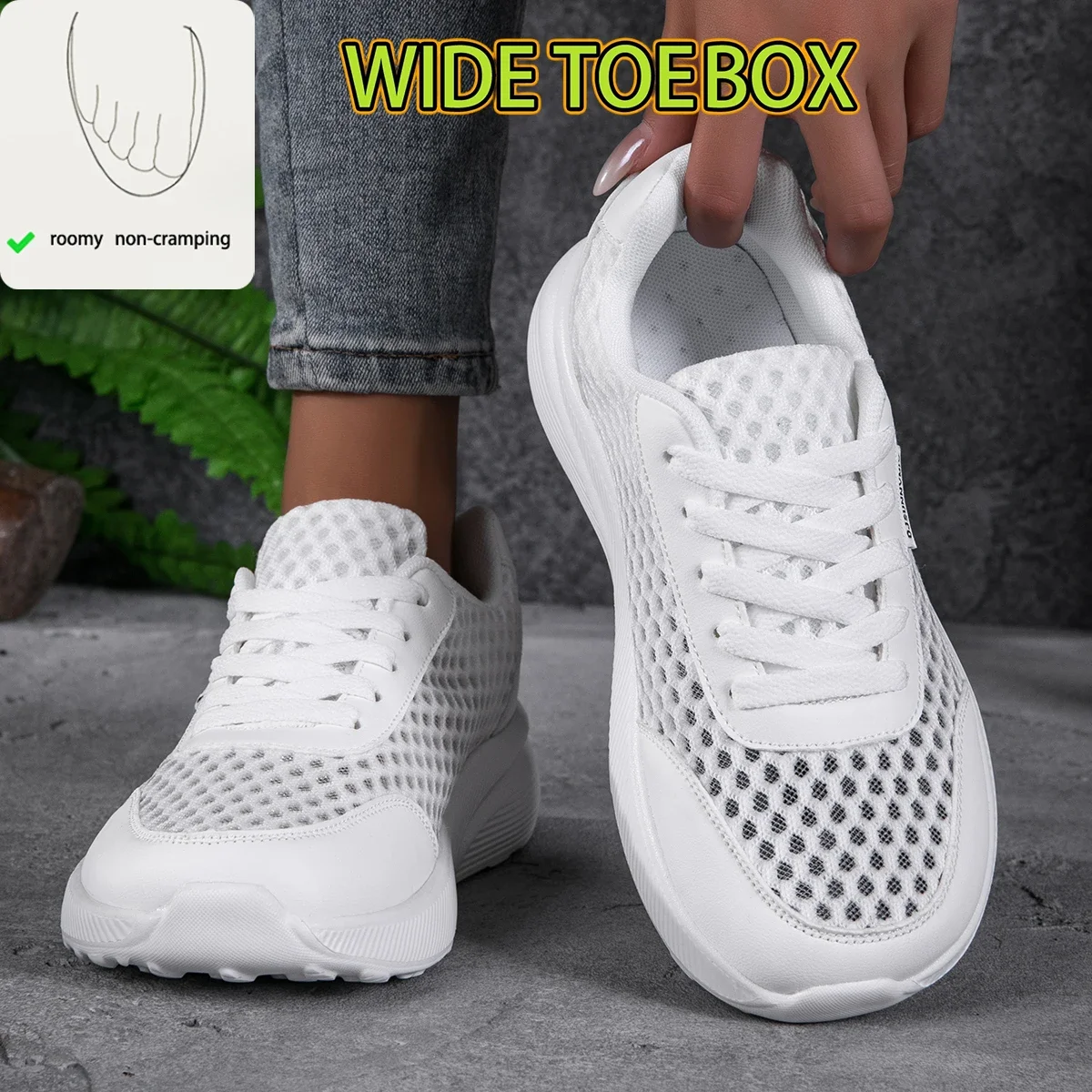 New Women Wide Feet Casual Shoes Fashion Summer Mesh Lace Floral Pattern Walking Sneakers Soft Breathable Black Female Footwear image 3