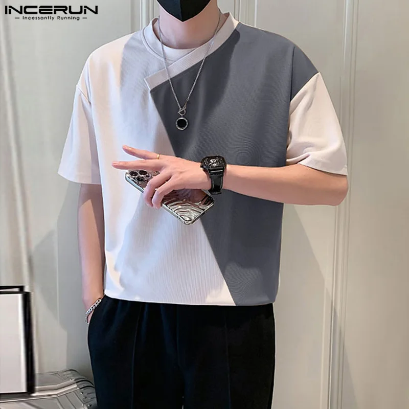 INCERUN Tops 2024 Korean Style Handsome Men\'s O-neck Irregular Patchwork T-shirts Casual Streetwear Short Sleeved Camiseta S-5XL