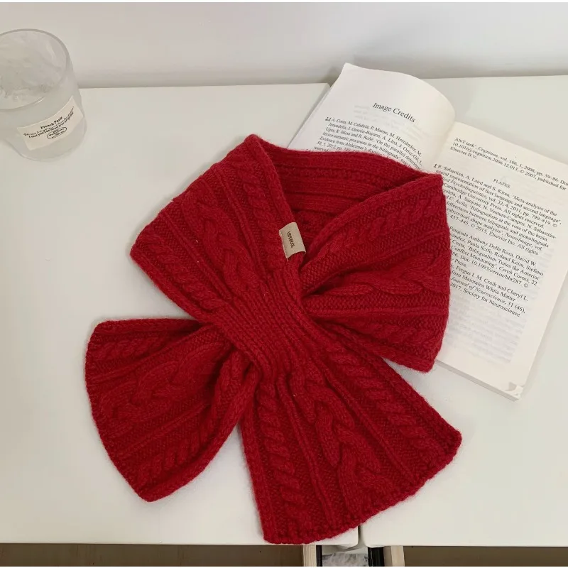 

Womens Premium 100 Percent Pure Wool Red Small Scarf Winter Twist Neck Protection Cross Lazy Short Scarf