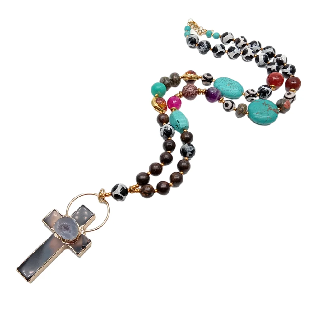Agate Turquoise Murano Glass Long Necklace Agate Druzy Cross Pendant Religion Jewelry