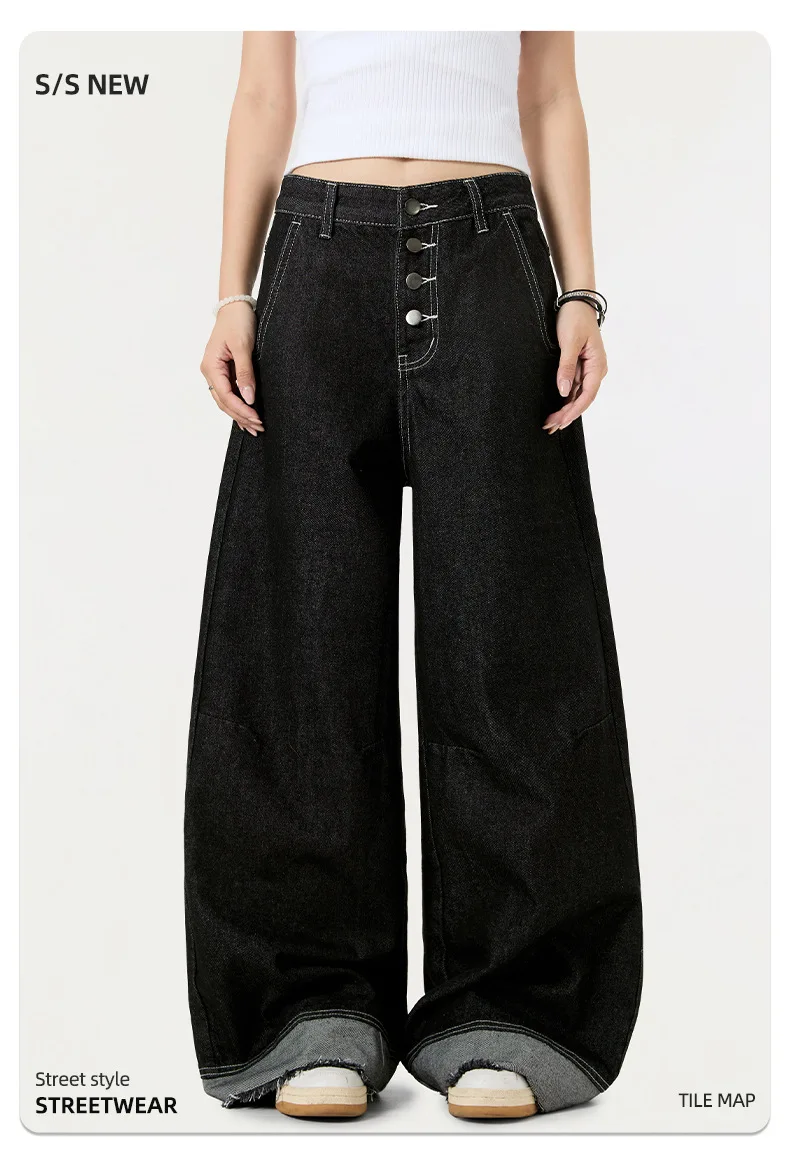OR FL Women's American Retro Color lashing MAO Bian Design Sense Staraight Jeans Trendy Brand Baggy Wide Leg Pants Trousers Y2k