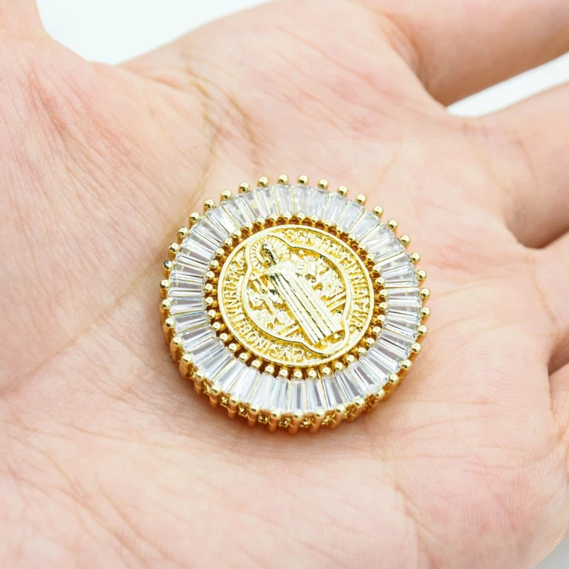 

1Pcs Cubic Zirconia Gold Color Pendant Invisible Setting Christian Copper Coin Shape Round Figure Religious Jewelry