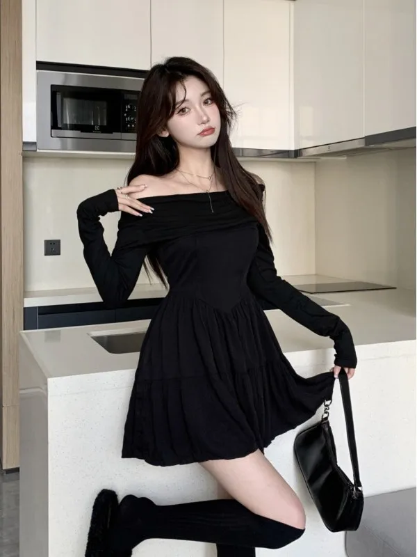 

Элегантное короткое платье А-силуэта с длинным рукавом, облегающее, женское, осеннее, в стиле «сладкая и острая девушка», с завышенной талией, маленькое черное платье