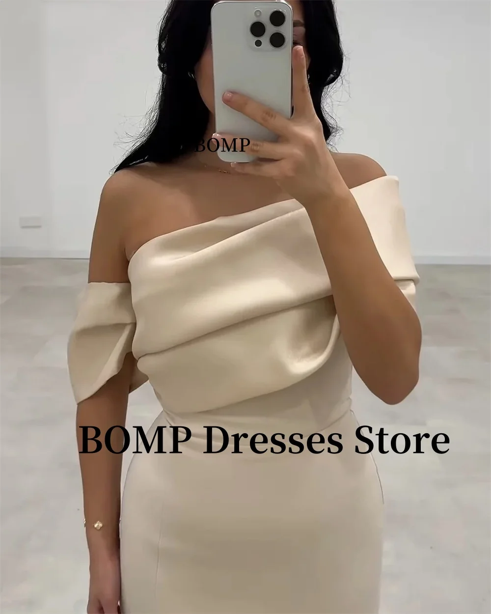 BOMP – robe de demoiselle d'honneur élégante en Satin Champagne, style sirène, asymétrique épaule dénudée, fente latérale drapée, robes de bal de mariage, personnalisées, 2025