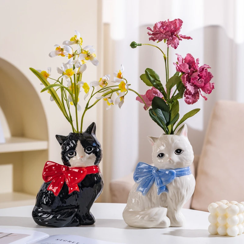 Cute Cat Ceramic Vase Art Flower Detector Creative Ornaments Light Luxury Ceramic Vase Hydroponic Flower Arrangement Accessories
