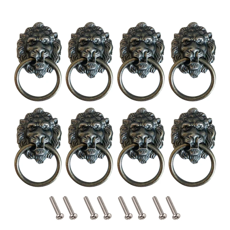 

8Pcs Lion head retro single hole handle, cabinet door pull ring, beast head small handles with With mounting screws