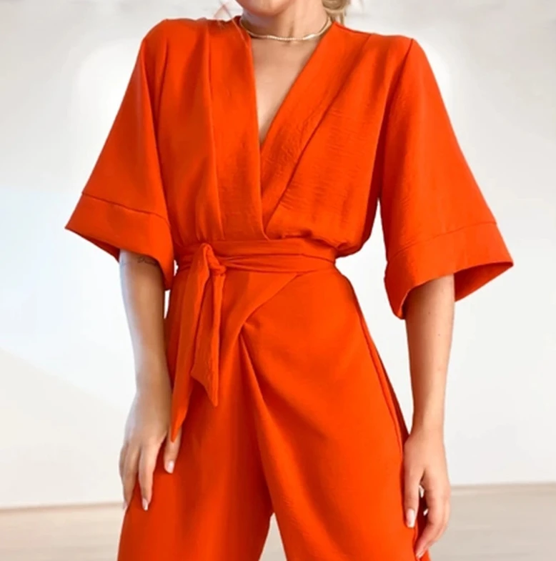 Women's Casual Jumpsuit Summer Elegant Sweet Solid Color Loose V-neck Flared Short Sleeved Tie Details Straight Pants Jumpsuit