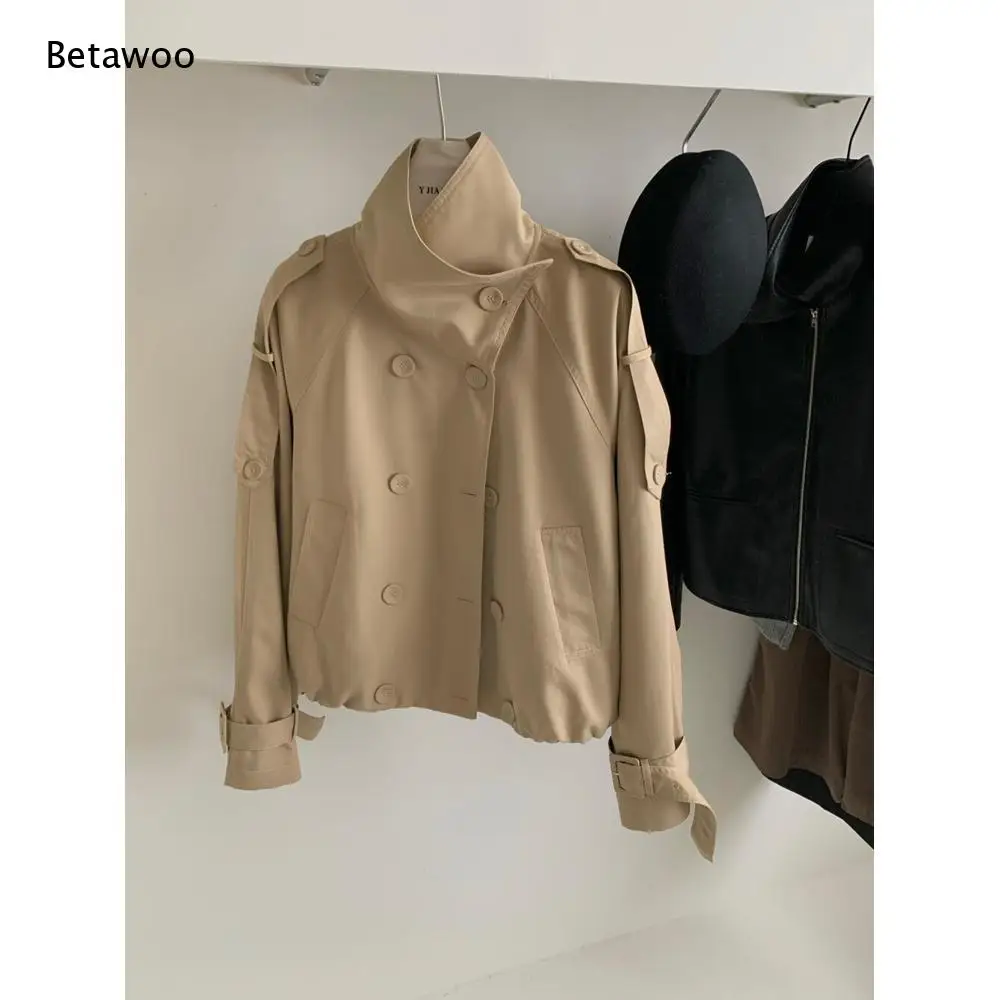 Short Sleeve Trench Coat Double Breasted Stand Collar Loose Casual Lightweight Outerwear for Women