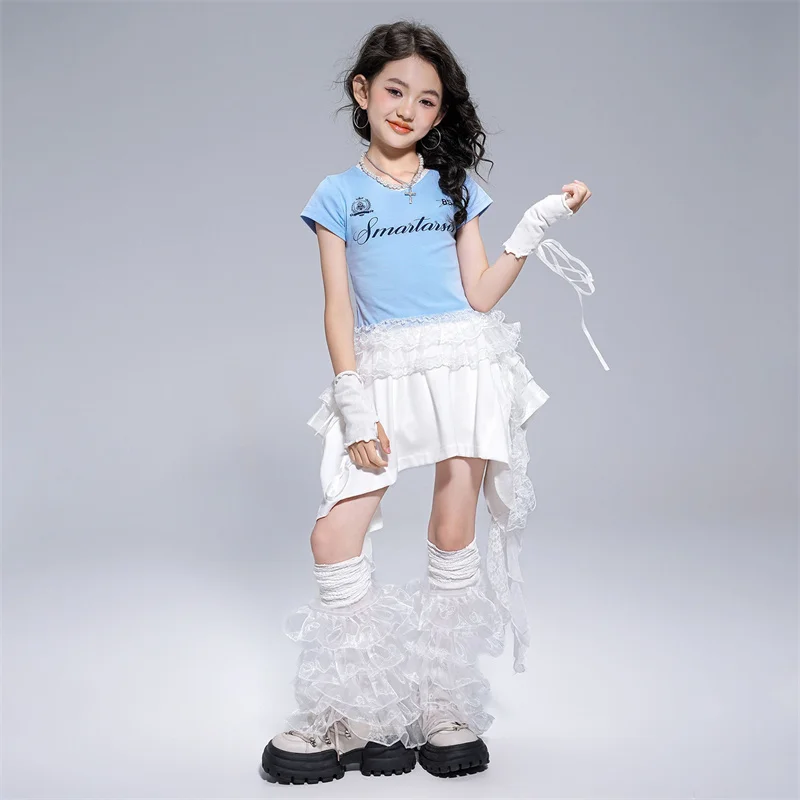 Vestiti per ragazze Hip Hop Bambini Jazz Street Dance Costume T-shirt blu Top Pantaloni strappati bianchi per outfit da spettacolo per bambini