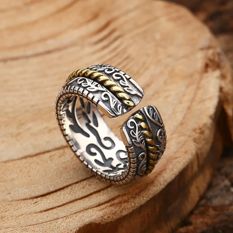 Wholesale  sterling silver ring Tang grass pattern men's ring opening Thai silver retro retro style personality trendy jewelry