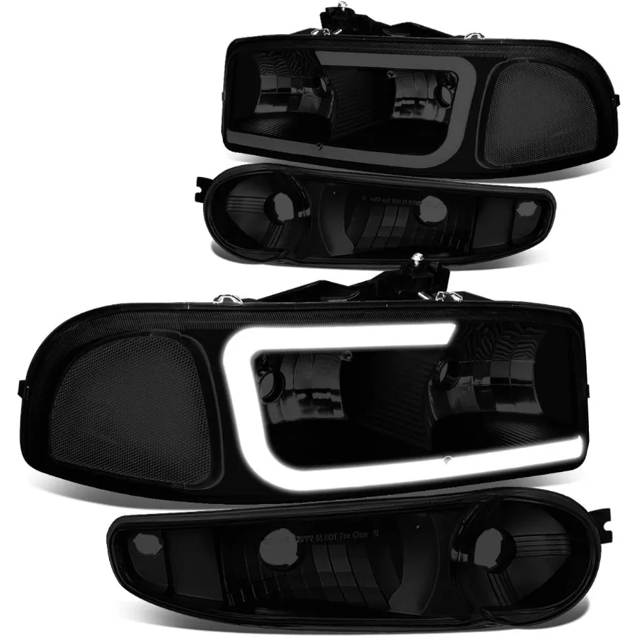 

LED DRL Headlights Assembly Compatible with 2001-2007 GMC Sierra Yukon XL 1500 4Pcs Headlamps w Bumper Lamps UStyle 3D Running
