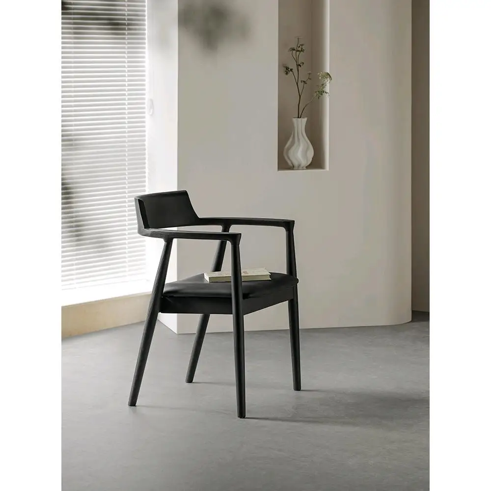 

Black Solid Wood Book Chair Ash Wood Leather Office Chair Simple Casual Back Chair