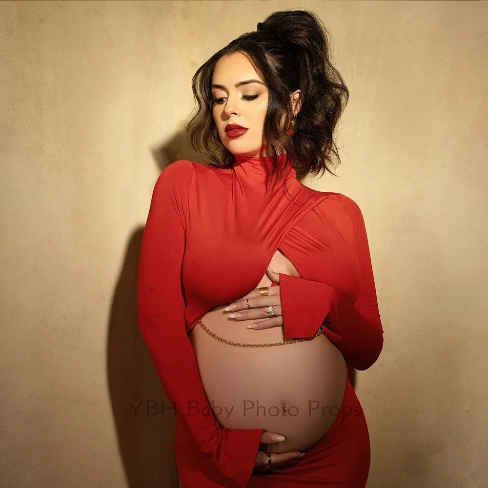 Slim Maternity Photography Dress Fish Tail High Neck Long Sleeve Sexy Hollow Out Navel Revealing Fit Bodycon Dress