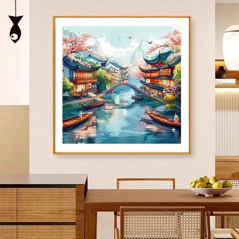 11CT 9CT Jiangnan Water Scenery Embroidery DIY Chinese Style Printed Kits Cross Stitch Thread Needlework Sets Home Decor Crafts