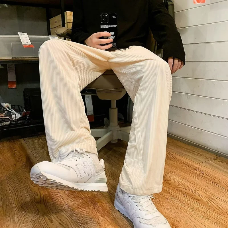 الرجال سروال قصير الصوف مستقيم الساق السراويل غير رسمية ، بنطلون فضفاض ، جيب الرباط ، أحادية اللون ، الدافئة ، الخصر ، تنوعا ، الخريف ، الشتاء ، جديد ، 2023