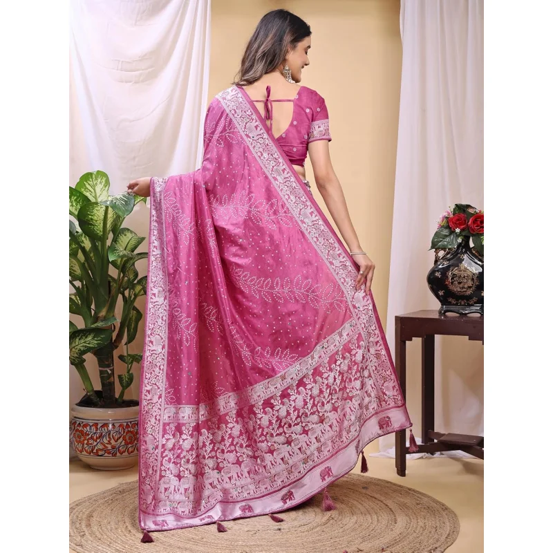 Women’s Pink Banarasi Silk Saree with Zari Woven Border & Blouse Piece – Traditional Indian Wedding Party Saree - view 6