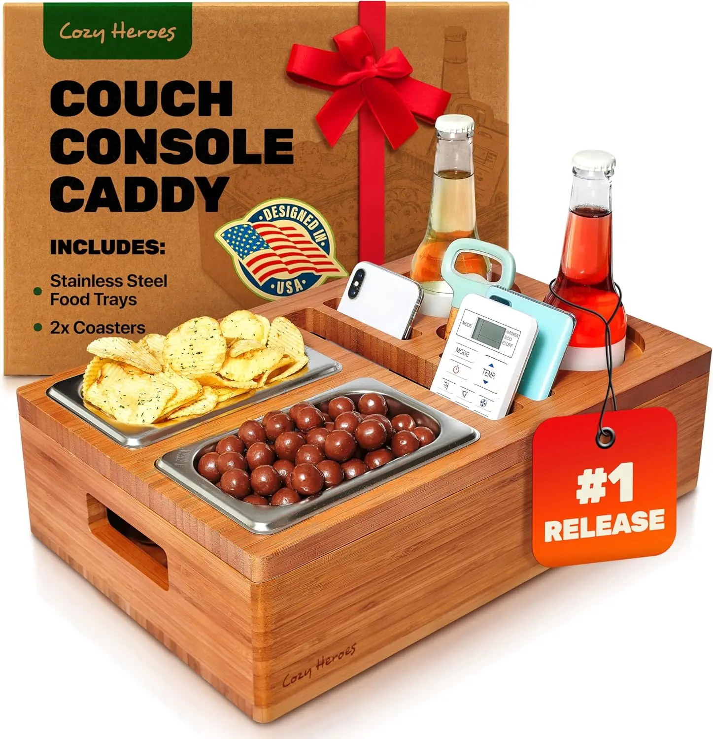 

Couch Cup Holder Tray - Minimalistic Scandinavian Design - Bamboo Cup Holder For Couch, Sofa, Bed & More - Convenient Couch