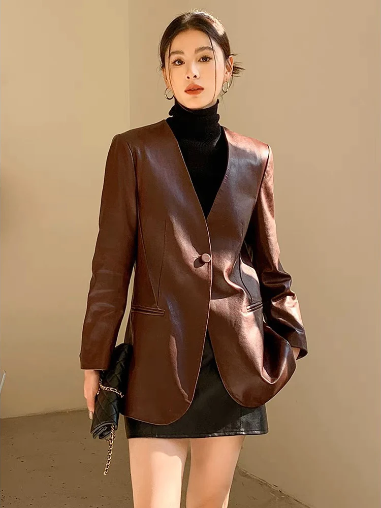 Women Clothing Elegant Female Genuine Leather Coat V Neck Burgundy Jackets Streetwear Lengthening Styles Single Button