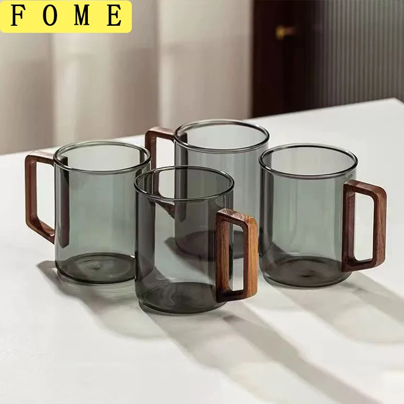 

2/4/6pcs Glass Cups With Walnut Handle 300ml Coffee Mug Heat-resistant Tea Making Cup Household Office Drinking Glasse Set