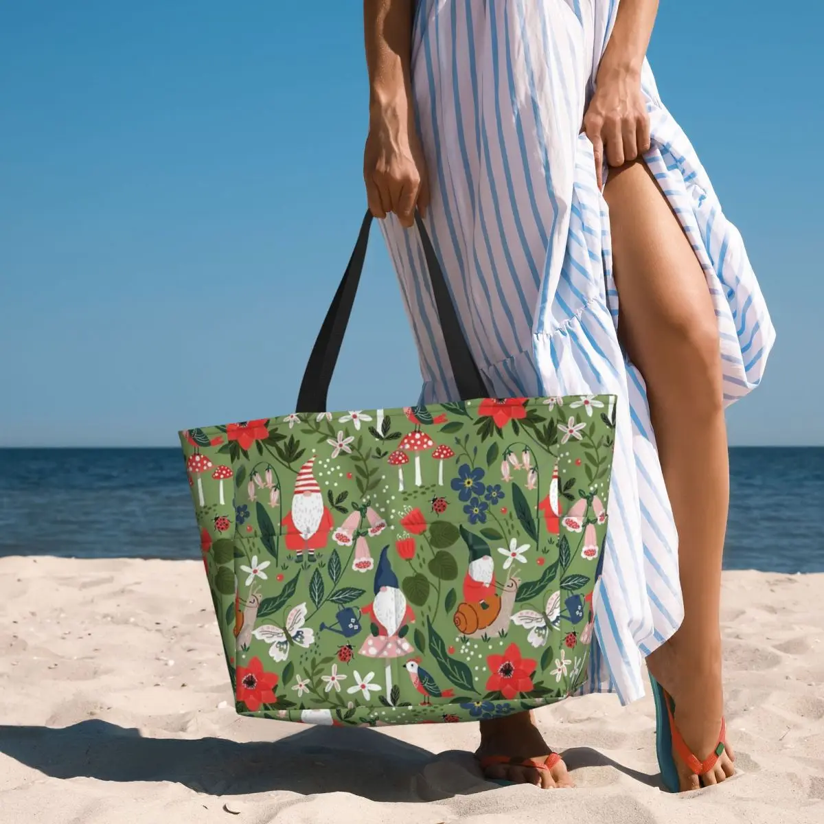 Stravagante gnomo da giardino che cavalca lumache borsa da viaggio da spiaggia, borsa tote regali pratici alla moda regalo di compleanno modello multi-stile