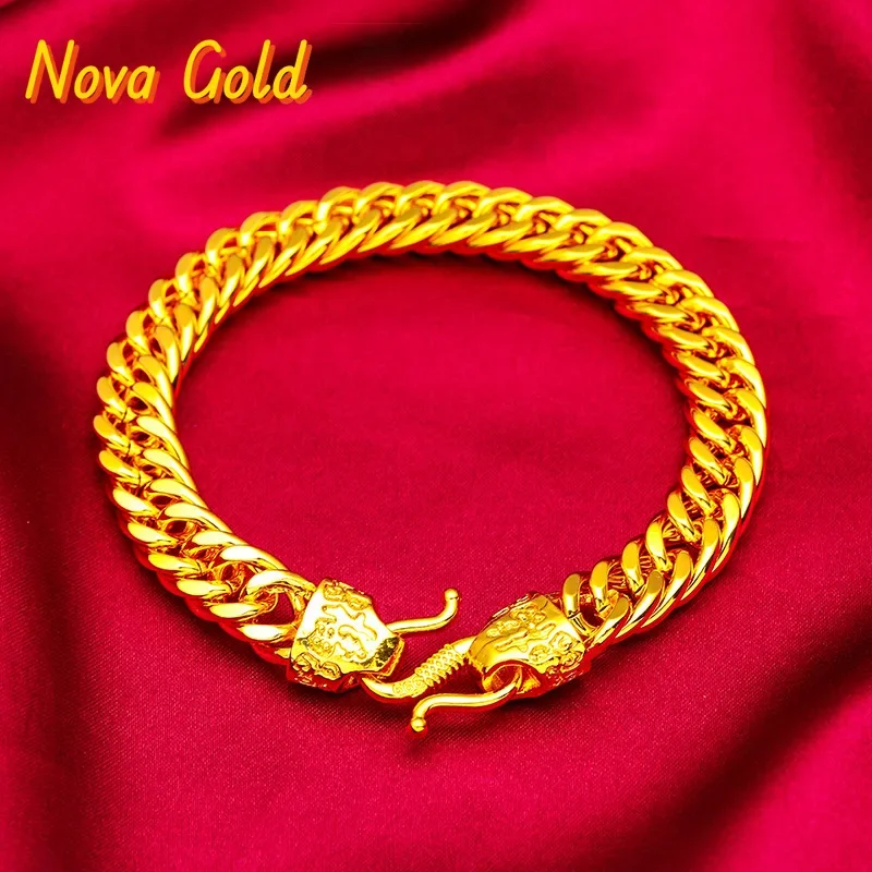 

NovaGlod 24K Gold Lucky Head Flat Bracelet 10 12 14mm Men AU999 - 24K forged/AU999, smooth link, 10-14mm for diverse needs