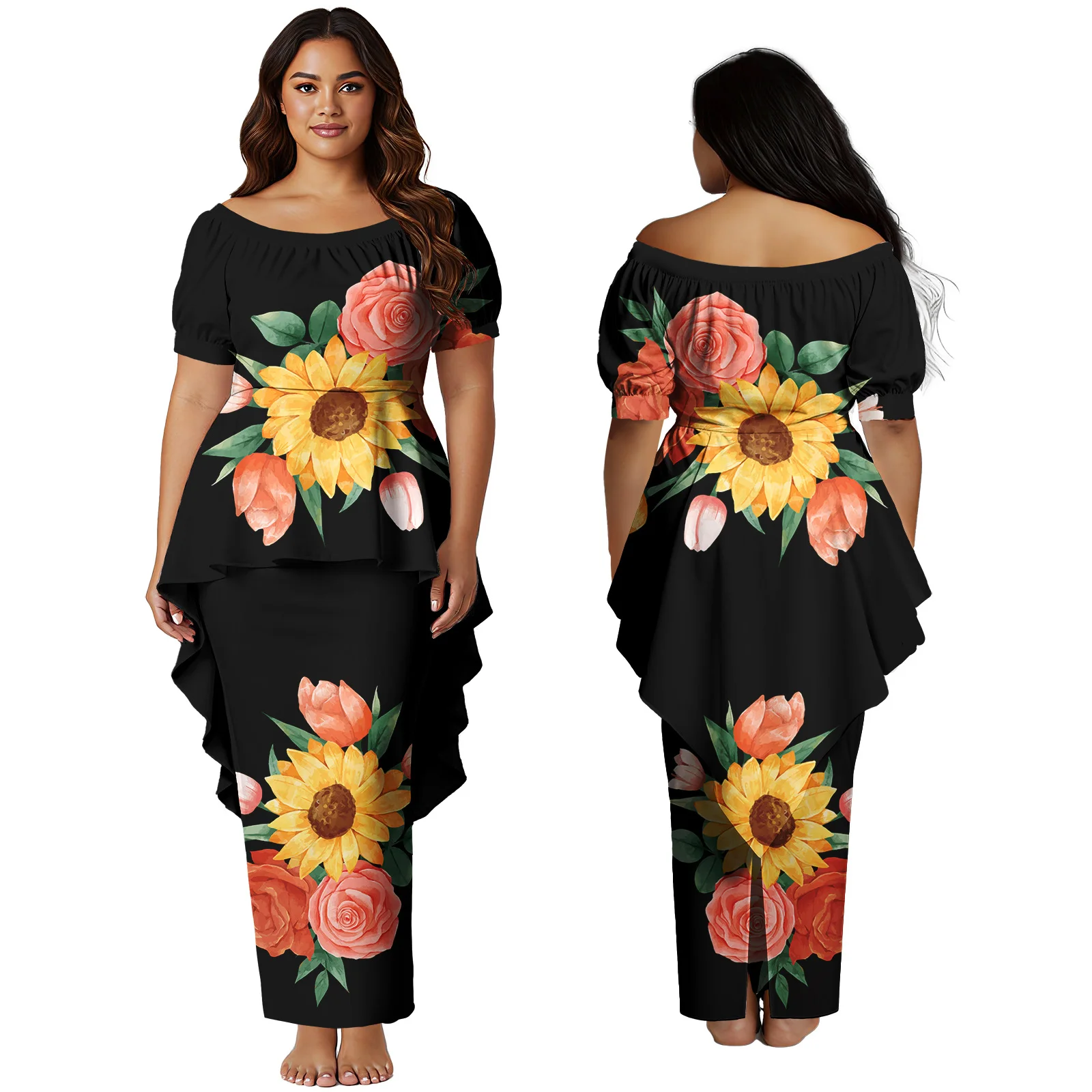Tout nouveau Design robe Maxi personnalisée haut de gamme hawaïen Puletasi Samoan manches courtes jupes longues Polynésien Puletasi 2 pièces ensemble robes