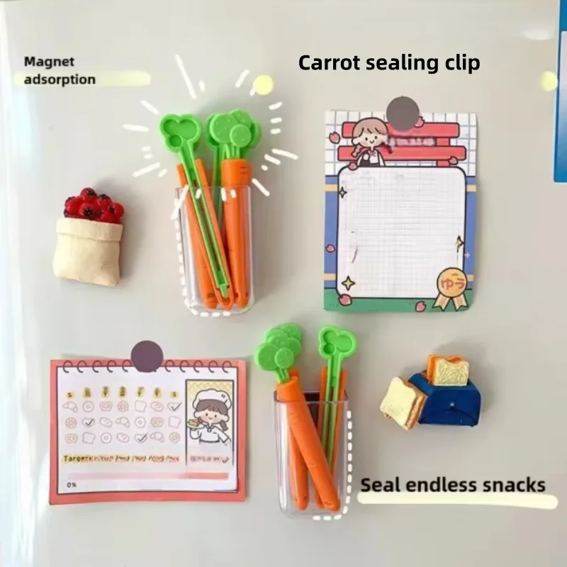 5Pcs Carrot Shape Sealing Clips with Magnetic Nano Box, Reusable Food Snack Tea Bag Sealer Clips for Kitchen Storage