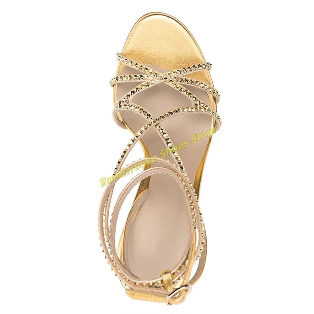 Gold Strappy Rhinestone Sandals Open Toe Thin High Heel Fashion 2024 Summer Women Dress Sandals Handmade Cross Strap Shoes