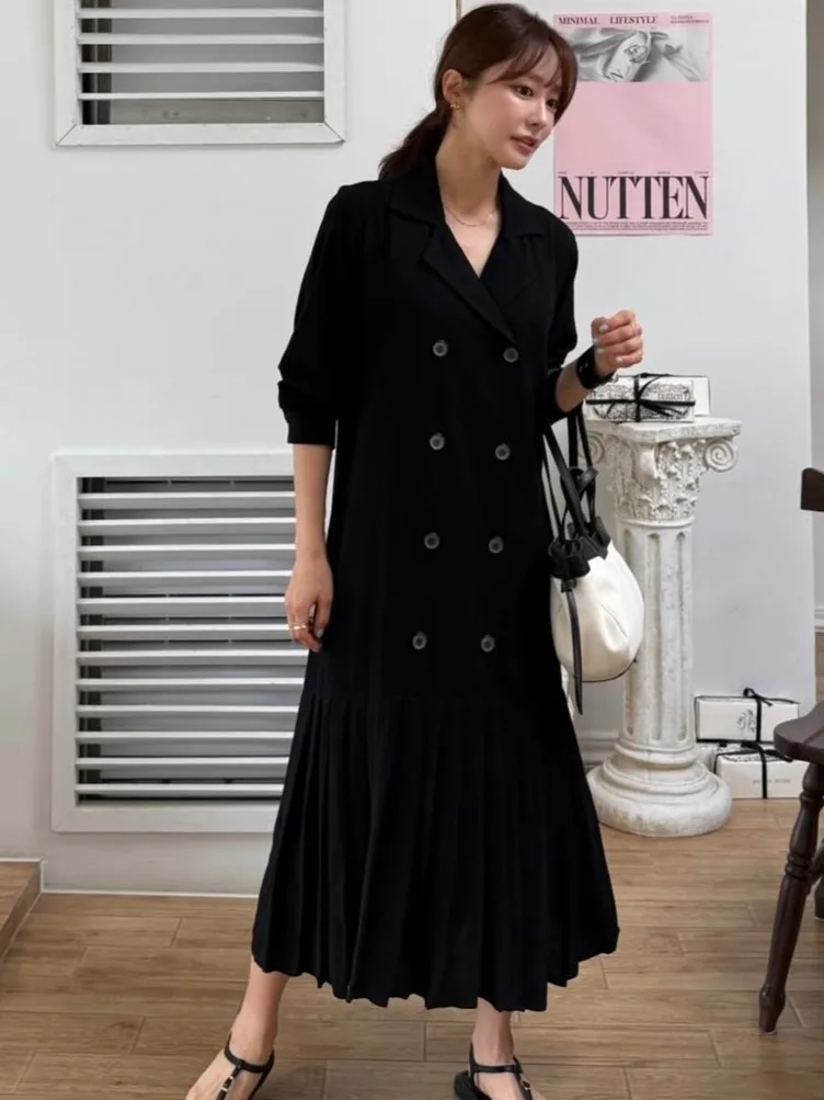 Chic Summer Spring Loose Suit Collar Double Button Plaid Skirt Dr Women's Faionable Commute Pure E-commerce Other Material