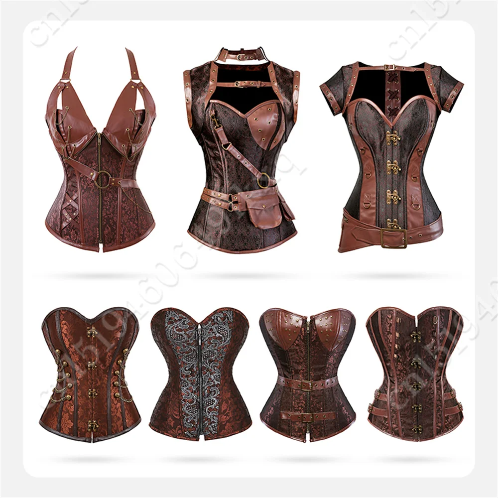 Steampunk Corsets for Women Gothic Corset Bustier Zipper Plus Size Vintage Faux Leather Corset Top Brown