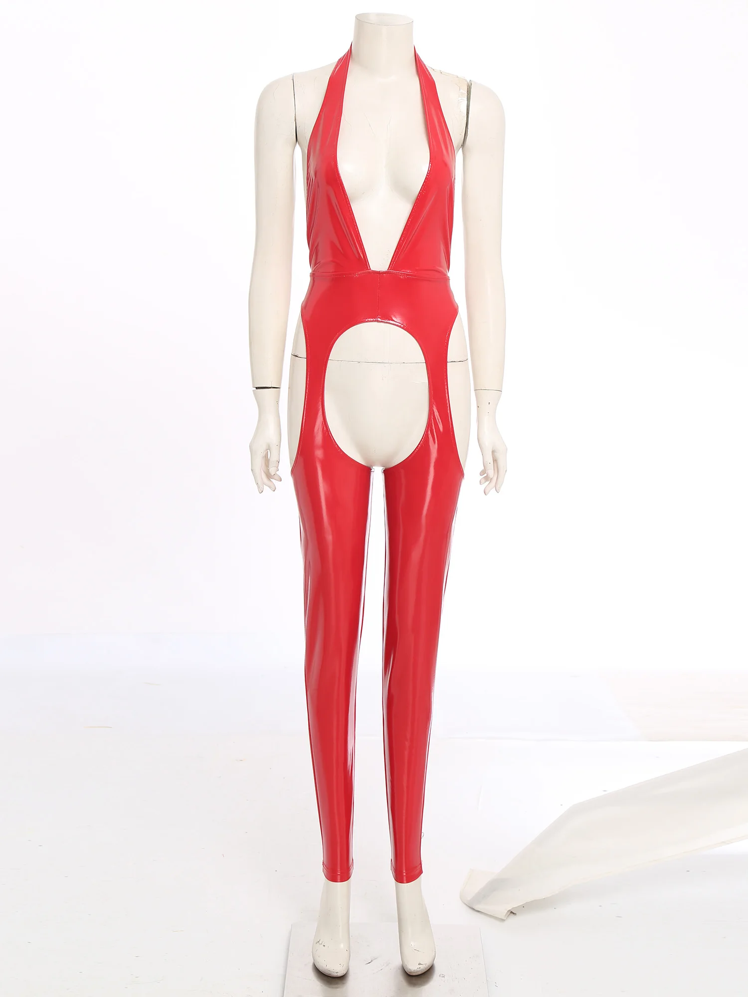 

Women Halter Latex Leather Deep V Neck Jumpsuit Night Clubwear Backless Hollow Out Crotch Leggings One-piece Bodysuit Catsuit