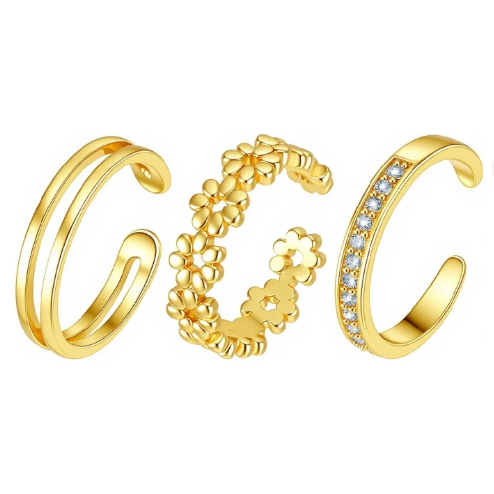 3Pcs Gold Open Adjustable Ring Set for Women Double Band Floral Stackable Finger Rings Inlaid CZ Dainty Minimalist Daily Jewelry
