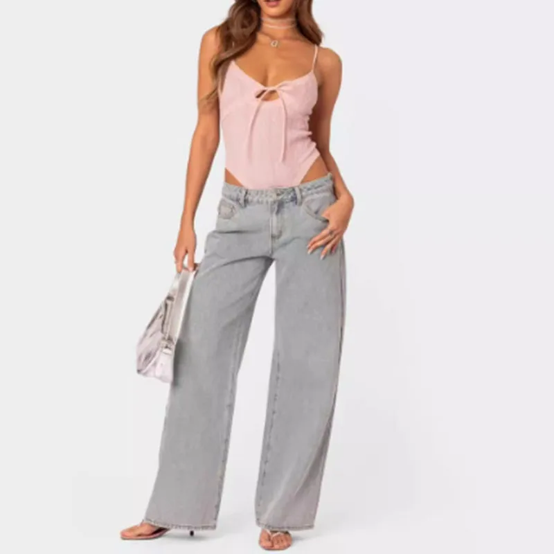 

Wave shaped bow embroidered denim retro women's straight leg wide leg pants washed high street blue pants