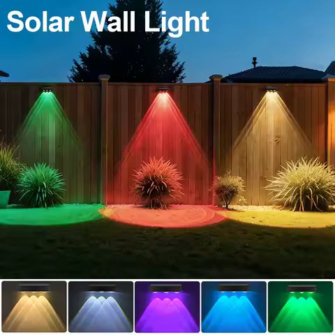 Solar Fence Lights Outdoor Solar Deck Light Warm White &amp; RGB Solar Lights for Outside Backyard Patio Solar Powered Wall Lamp