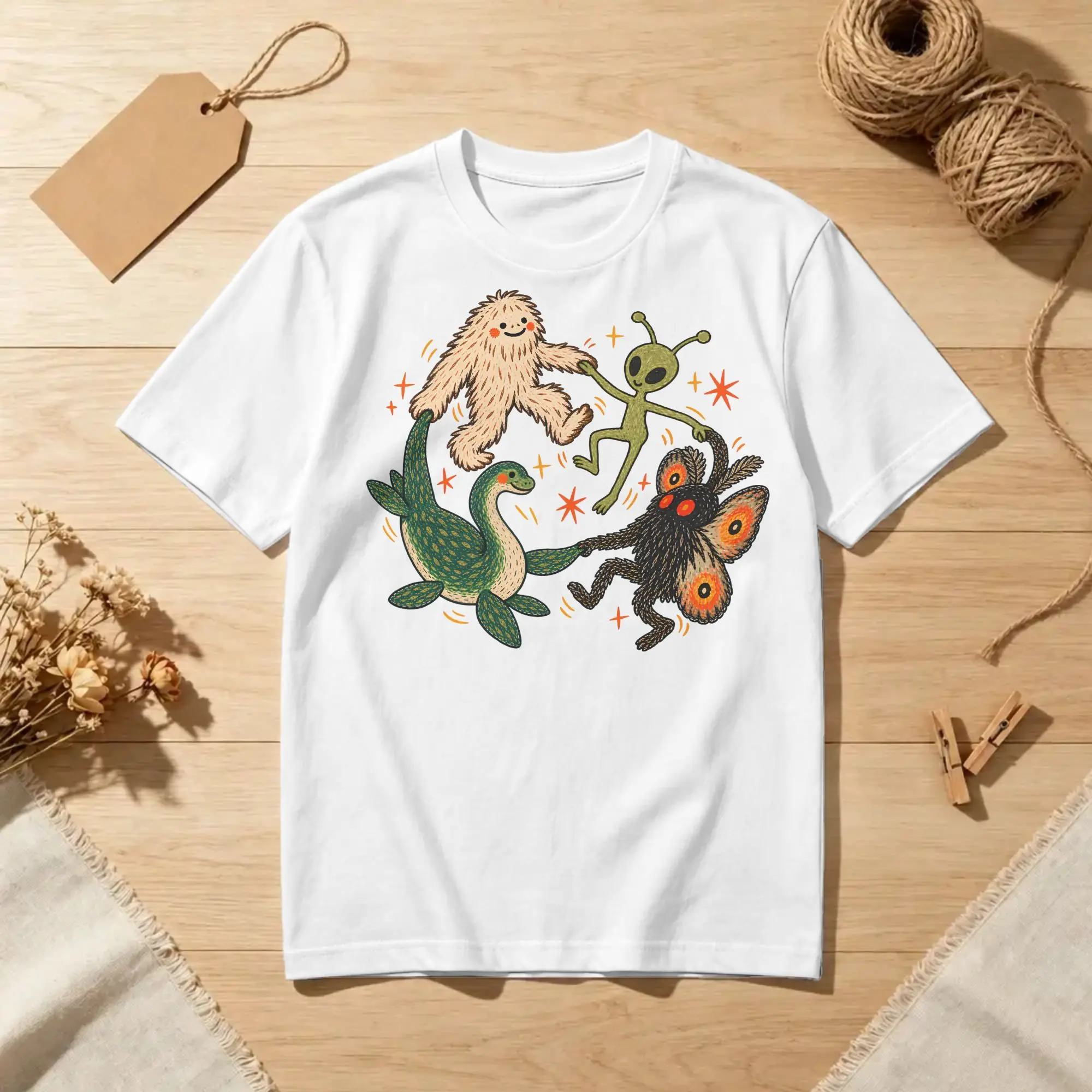 Men Women's Dancing Cryptids T Shirt Bigfoot Alien Mothman Loch Ness Pure Cotton Tops Humor Short Sleeve Tees 6XL T-Shirt