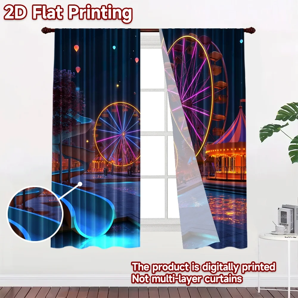 2D flat printing 2pcs Curtain Amusement park night Ferris wheel Digital Printed Polyester Drapes Family Party for All Occasions