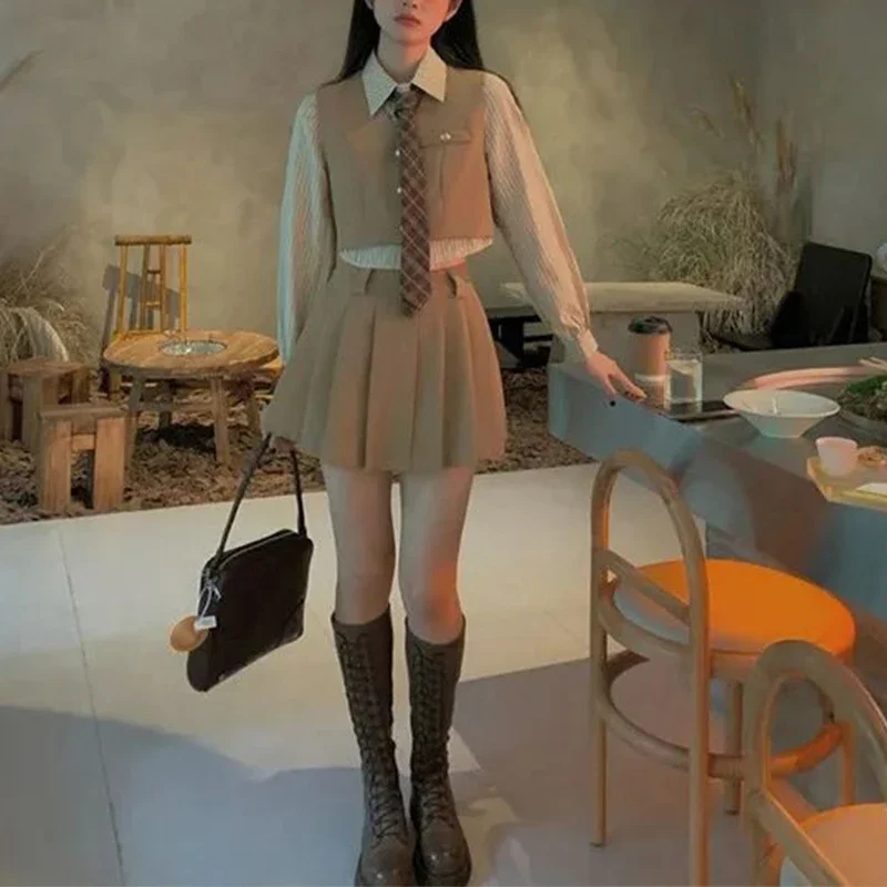كوريا طويلة الأكمام أعلى أسود تنورة قصيرة دعوى النادي الليلي حزب اللباس جديد نمط Preppy تنورة صغيرة الربيع y2k أربع قطع مجموعة النساء #4