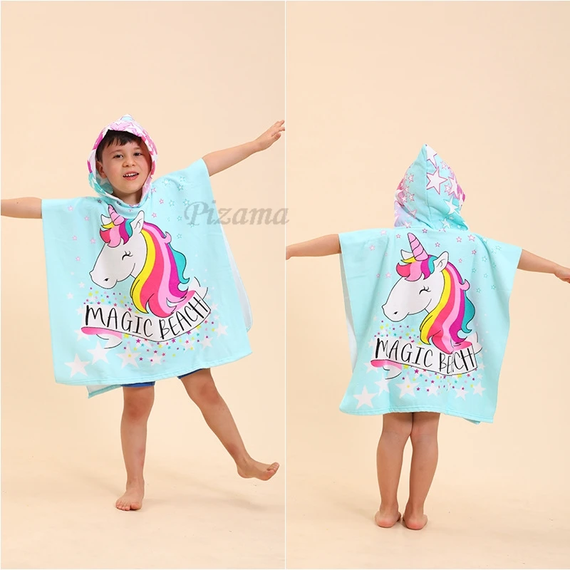 Toddler Baby Girls Unicorn Bathrobes Blue Star Print Wrap Beach Towels Quick Dry Soft Comfortable Kids Hooded Bathrobe Towels