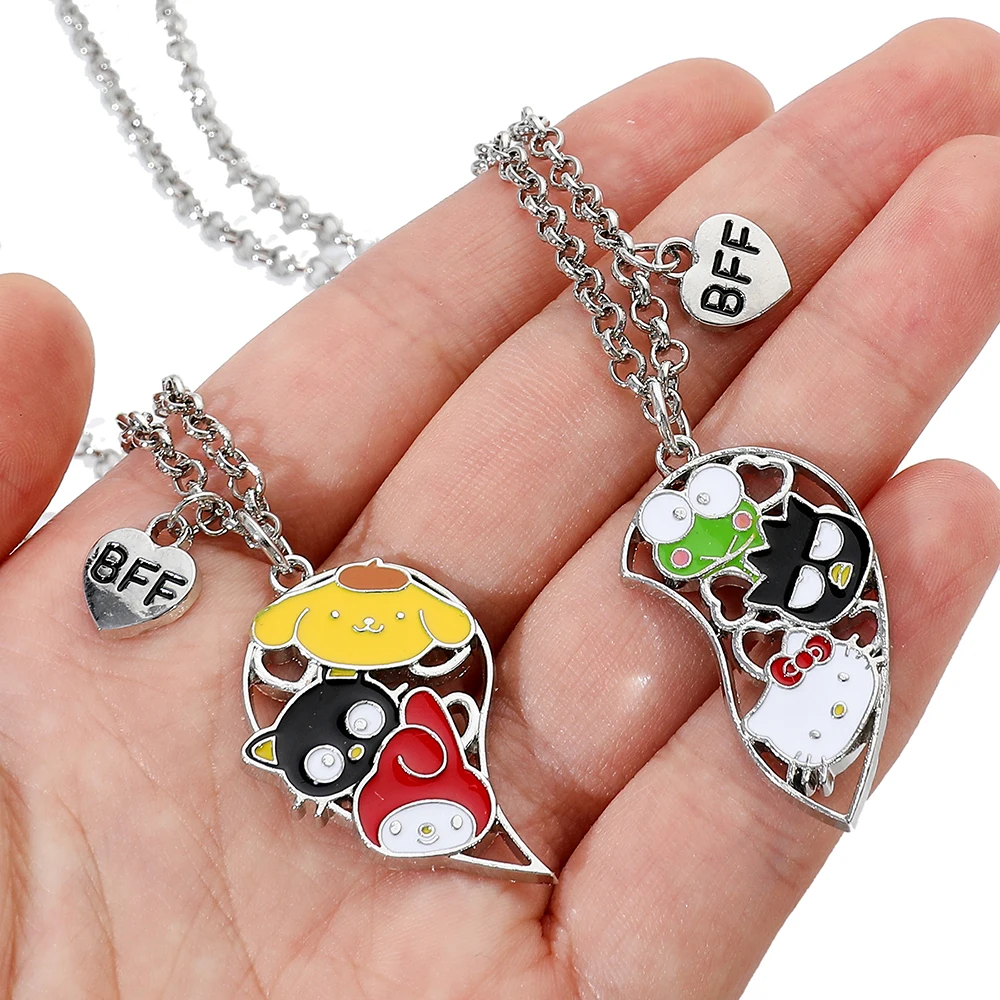 2pcs Hello Kitty Melody Couple Set Necklace Anime Cartoon Peripheral Heart Hollow Out Pendant Neck Chain Festival Gift for Lover