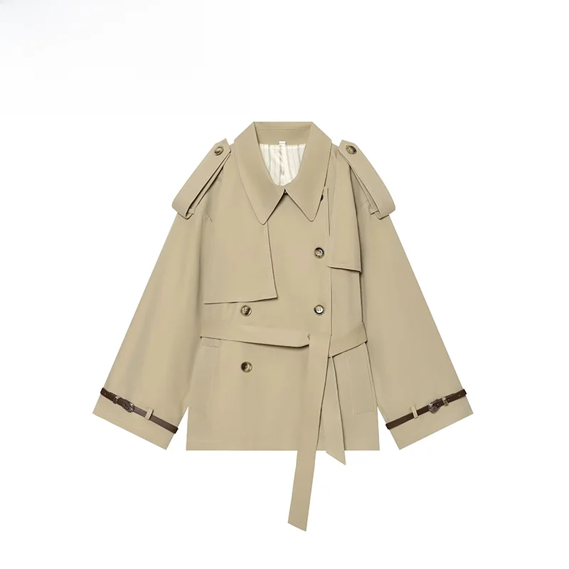 Fashionable Versatile ZR Women's Jacket Coat Belted Waist Design Street Style Long Sleeve Regular Length Double Breasted Poly...