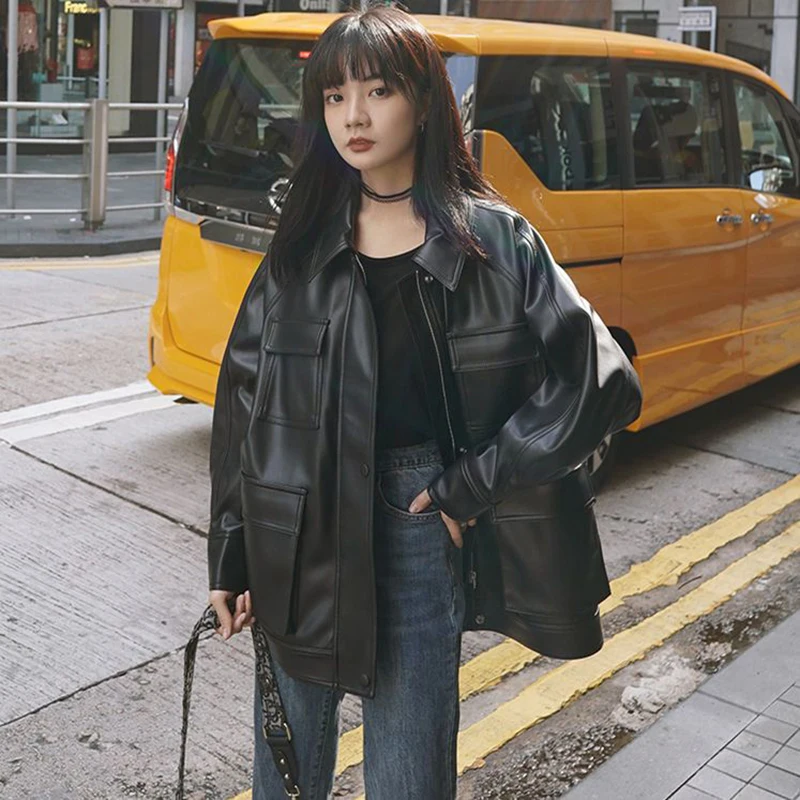 

Vintage Motorcycle Autumn Winter Women Leather Coat Black Turn-down Collar Zipper Leather Coat Fashion Loose Casual Pocket Coat