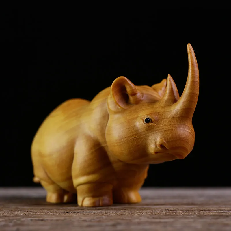 Rhinoceros Elephant Hippopotamus African Animal Statue Boxwood Carving Handmade Figurines Animal Sculpture Ornaments Collection