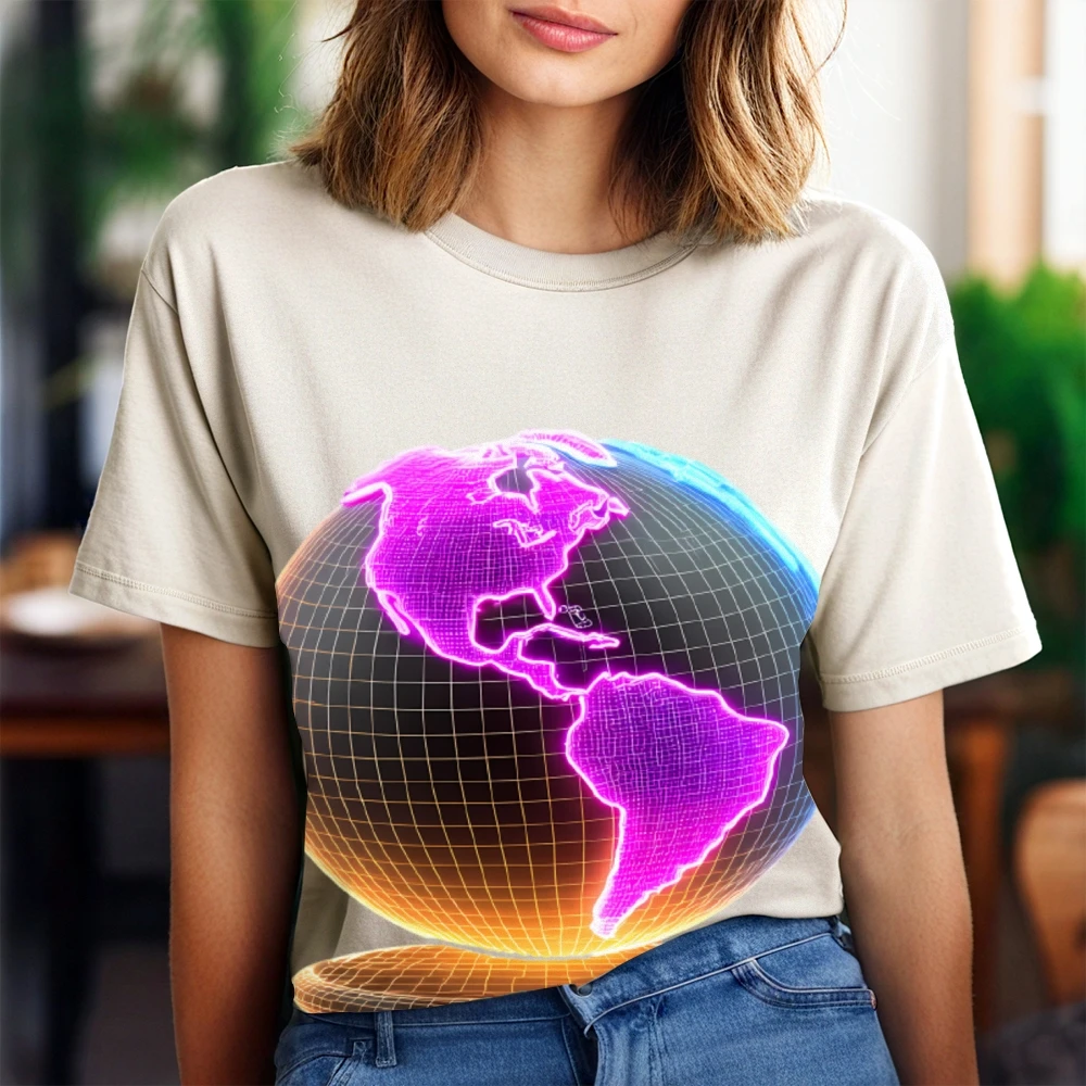 

Neon Light Globe Print T-Shirt - 100% Pure Cotton, Soft & Breathable, Casual Crew Neck Short Sleeve Tee