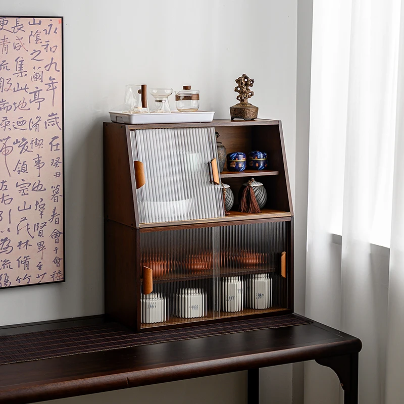 

‌‌New Chinese Style Tea Organizer, Multi-Layer Display Shelf with Dust-Proof Design, Yixing Pot Storage Cabinet, Home Decor