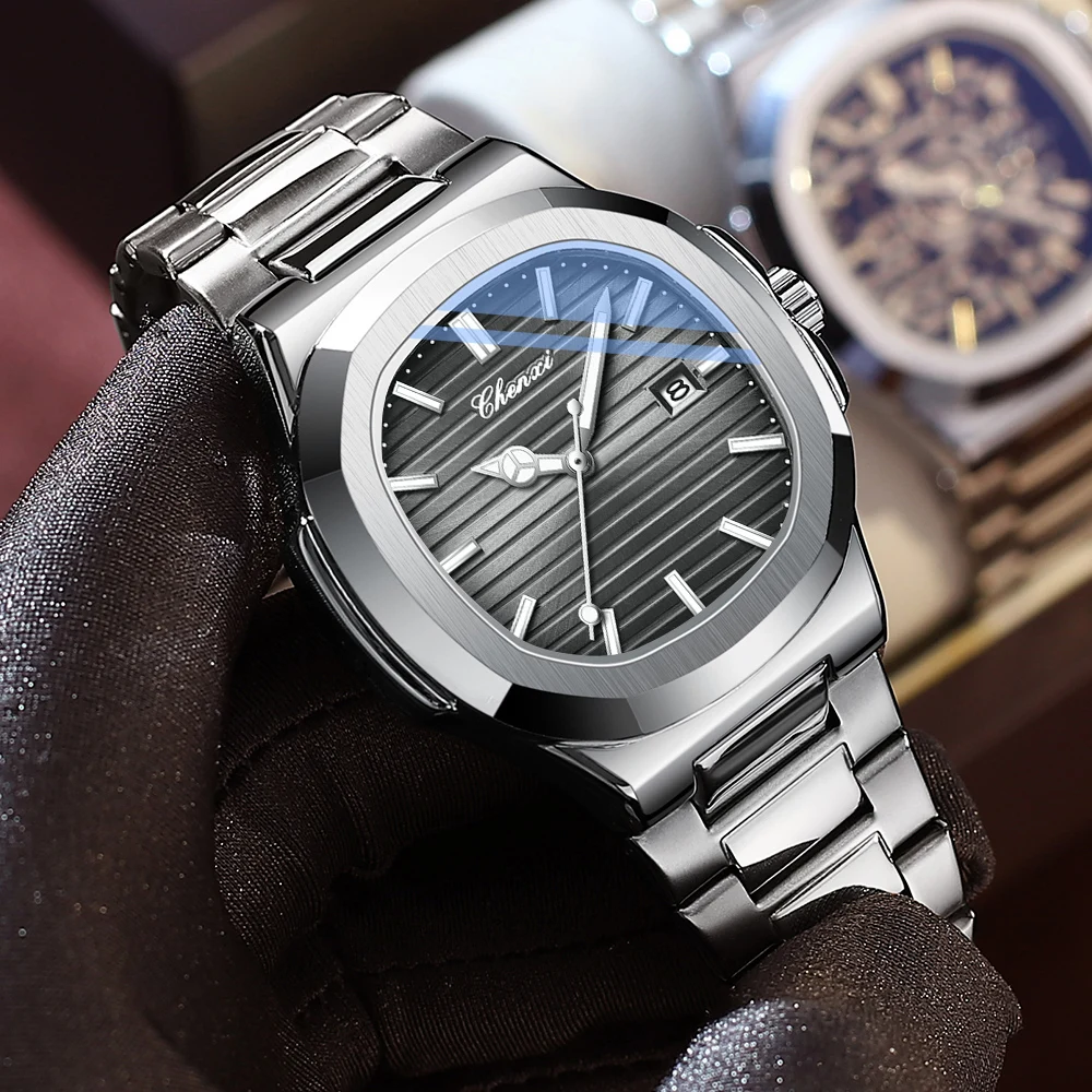 CHENXI Solid Stainless Steel Strap Quartz Watch Men Octagonal Alloy Case Striped Dial Business Men's Wristwatches with Calendar