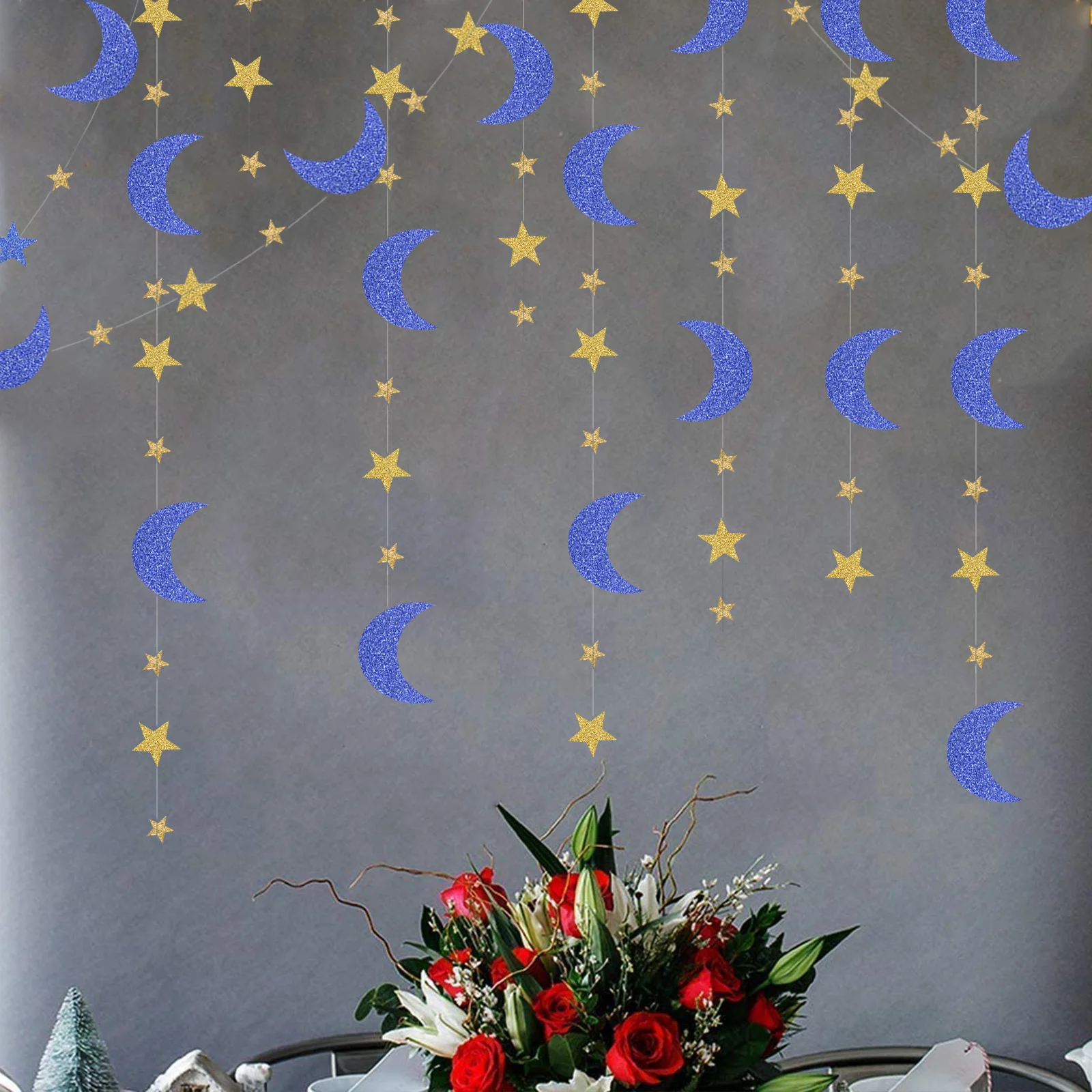 Blue Gold  EID Mubarak Birthday Ramadan Decoration Glitter Paper Star Moon Garland Banner Hanging Twinkle Star Baby Shower Decor